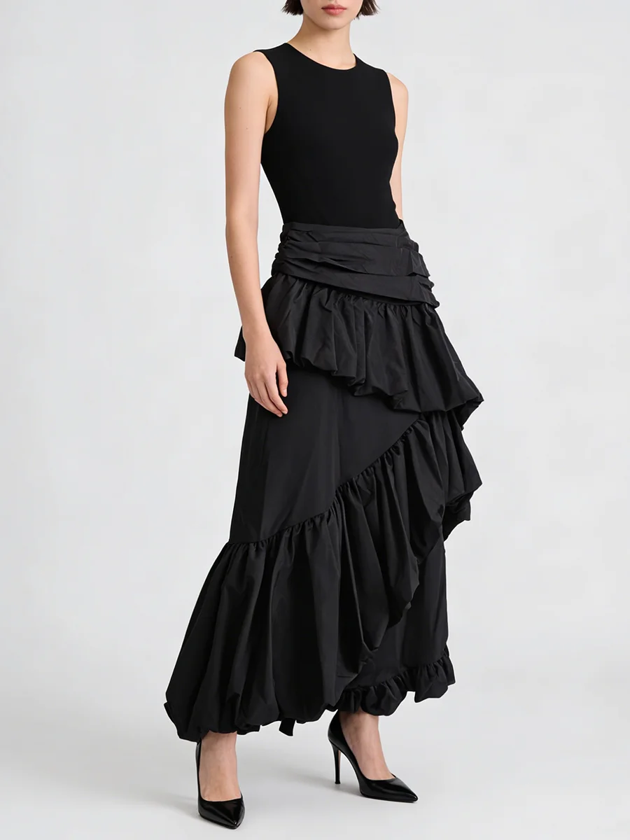 TWOTWINSTYLE Falda Irregular con Parches y Pliegues para Mujer, Cintura Alta, Holgada, Minimalista, Ropa de Moda Femenina, Nueva Colección 2026