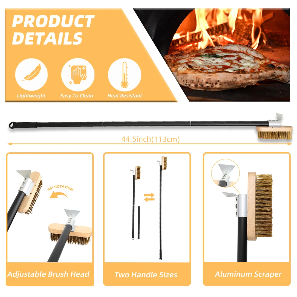 Cepillo para horno de Pizza, cepillo para estufa de cobre, cerdas de latón, mango largo de madera, cepillo para horno de limpieza para horno pequeño, herramienta de cocina