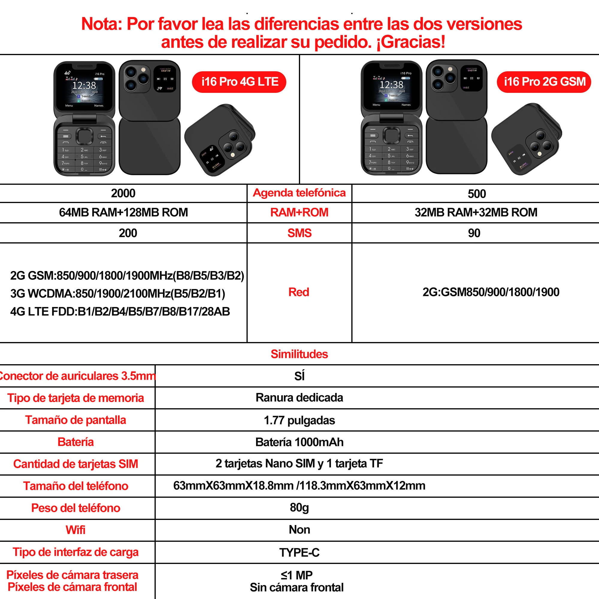 SERVO i16 Pro 2G GSM/4G LTE red pequeño teléfono móvil con tapa 2 SIM llamada en espera grabación velocidad Dial 1,77 "Mini teléfono móvil plegable