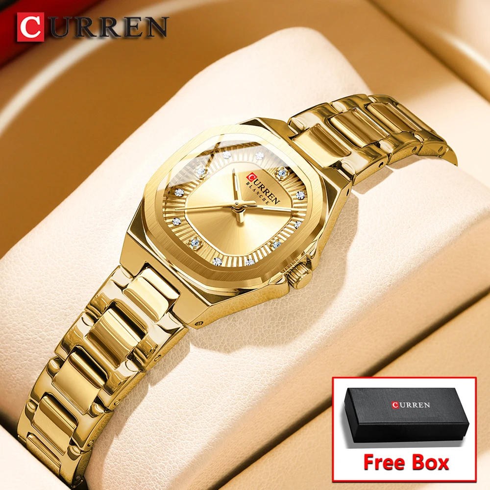Reloj CURREN Gold para mujer con detalles de diamantes, elegante banda de acero inoxidable, diseño elegante viene con caja gratis