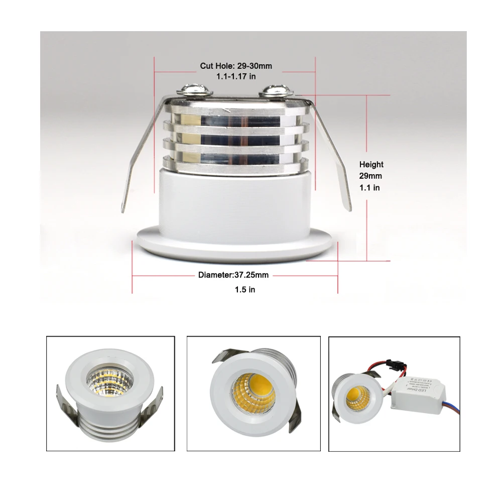 Foco LED Empotrable Pequeño para Techo, COB 3W 110V 220V, Regulable, con Driver Incluido, para Hogar, Vitrinas, Gabinetes, Hoteles, Rodapiés, etc.