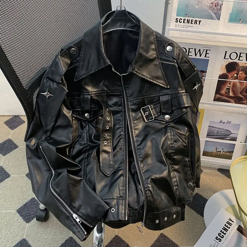 Chaqueta de cuero de industria pesada para hombre, deconstrucción de nicho, diseño de primavera y otoño, chaqueta de cuero corta holgada para motocicleta