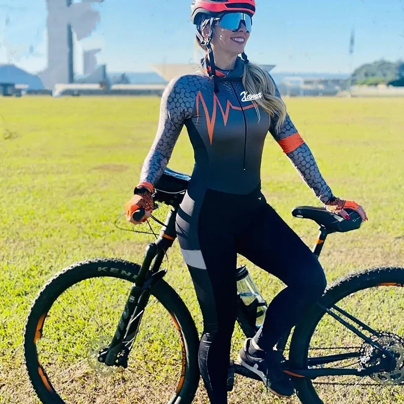 XAMA primavera y otoño pantalones de manga larga para mujer triatlón macaquinho maillot cclismo mono pequeño traje profesional