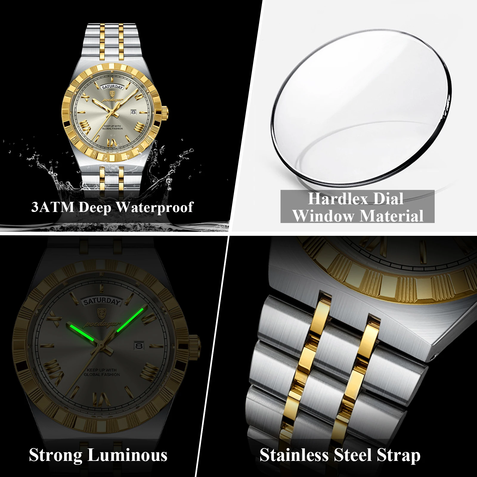 POEDAGAR, reloj de negocios a la moda para hombre, luminoso, resistente al agua, fecha semanal, reloj de pulsera de lujo para hombre, relojes de cuarzo de acero inoxidable para hombre