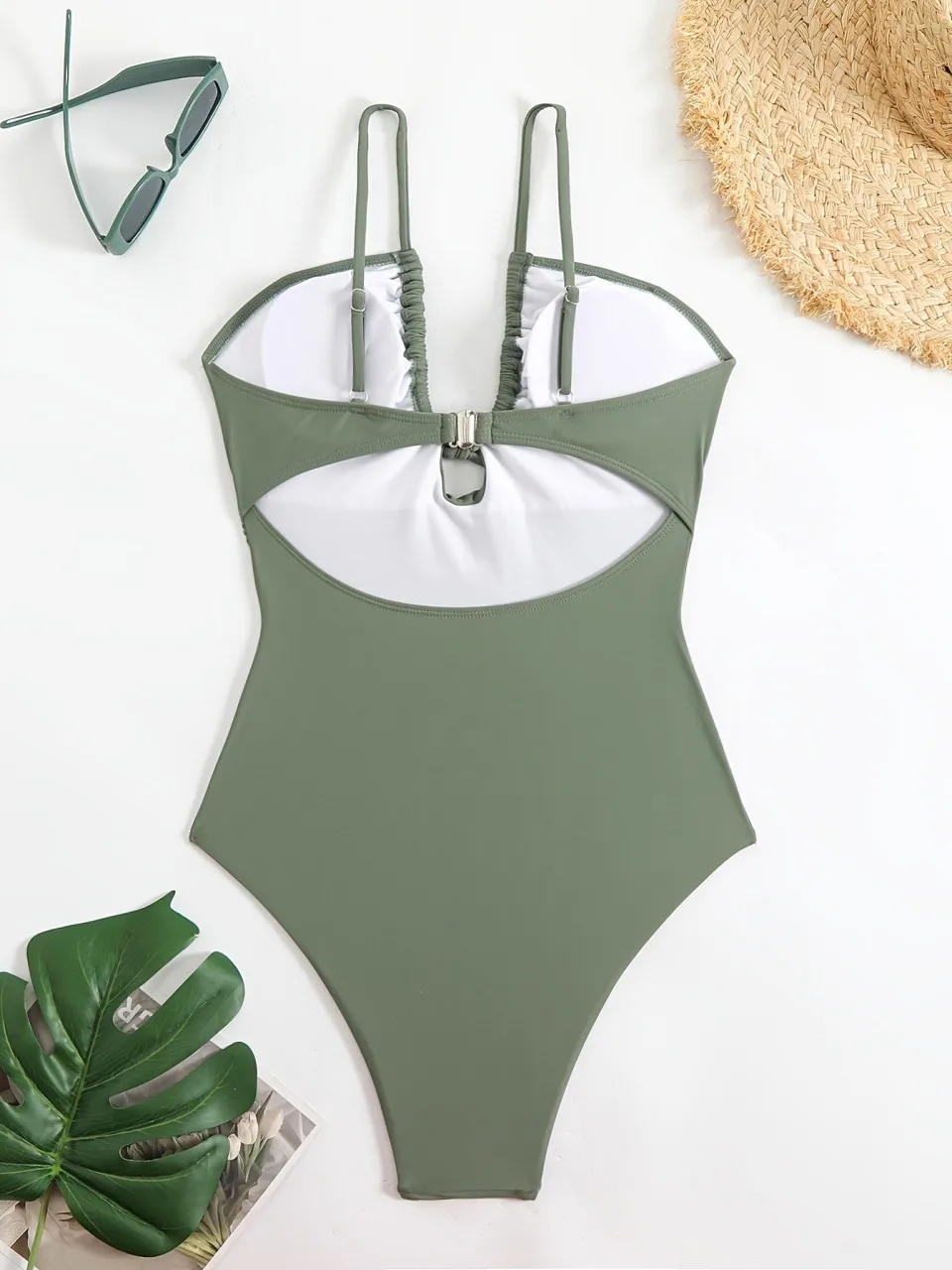 2025 Traje de baño Sexy ajustado con tiras, traje de baño de una pieza con lazo verde militar, traje de baño para mujer, traje de baño acolchado, ropa de playa