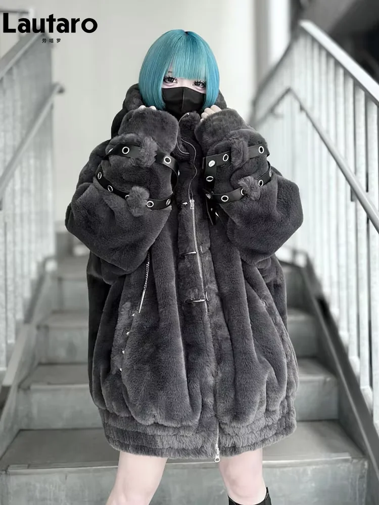 Abrigo de Piel Sintética Grueso y Cálido para Mujer, Otoño-Invierno, con Capucha y Cremallera, Estilo Japonés de Lujo, Punk Harajuku, Chaqueta Esponjosa 2026