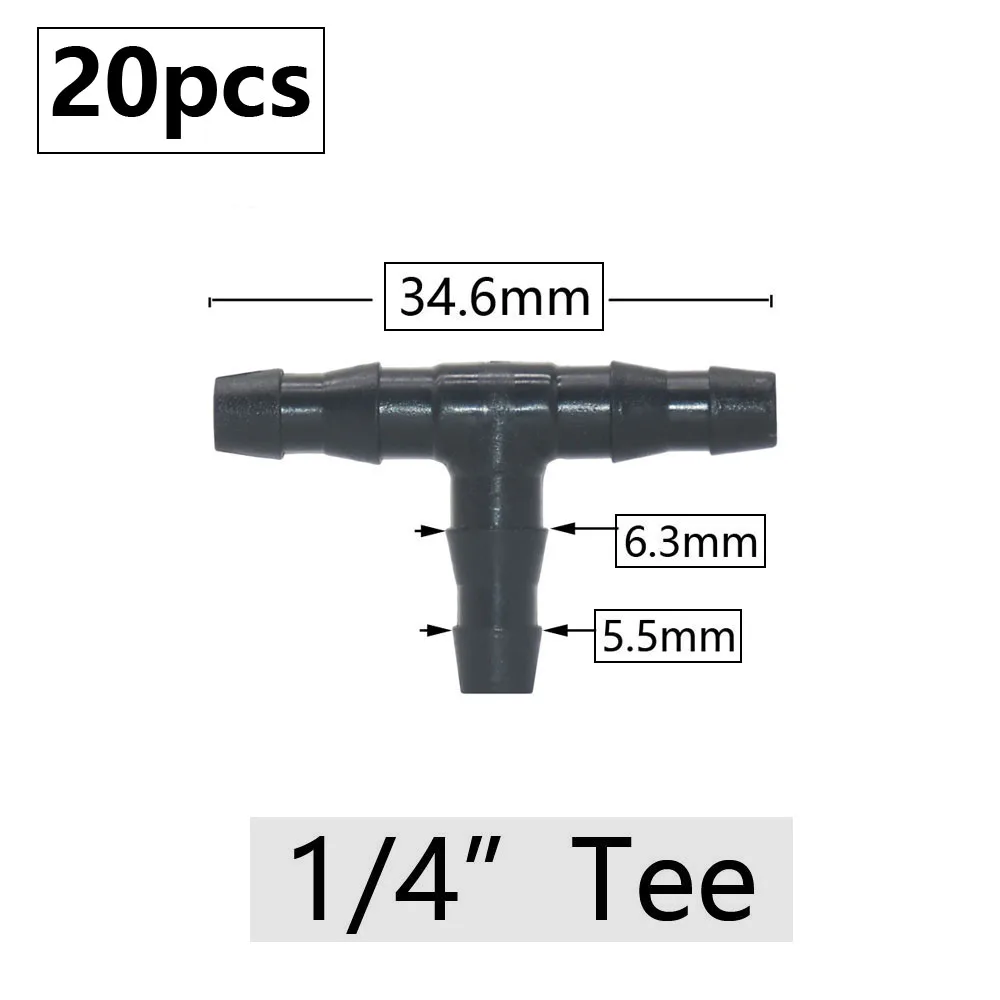 20 piezas conector de lengüeta para manguera de jardín, 3mm, 4mm, riego por goteo, 1/4 ''y 1/8'', conector para manguera, Tees, accesorios de púas con enchufe cruzado Eng