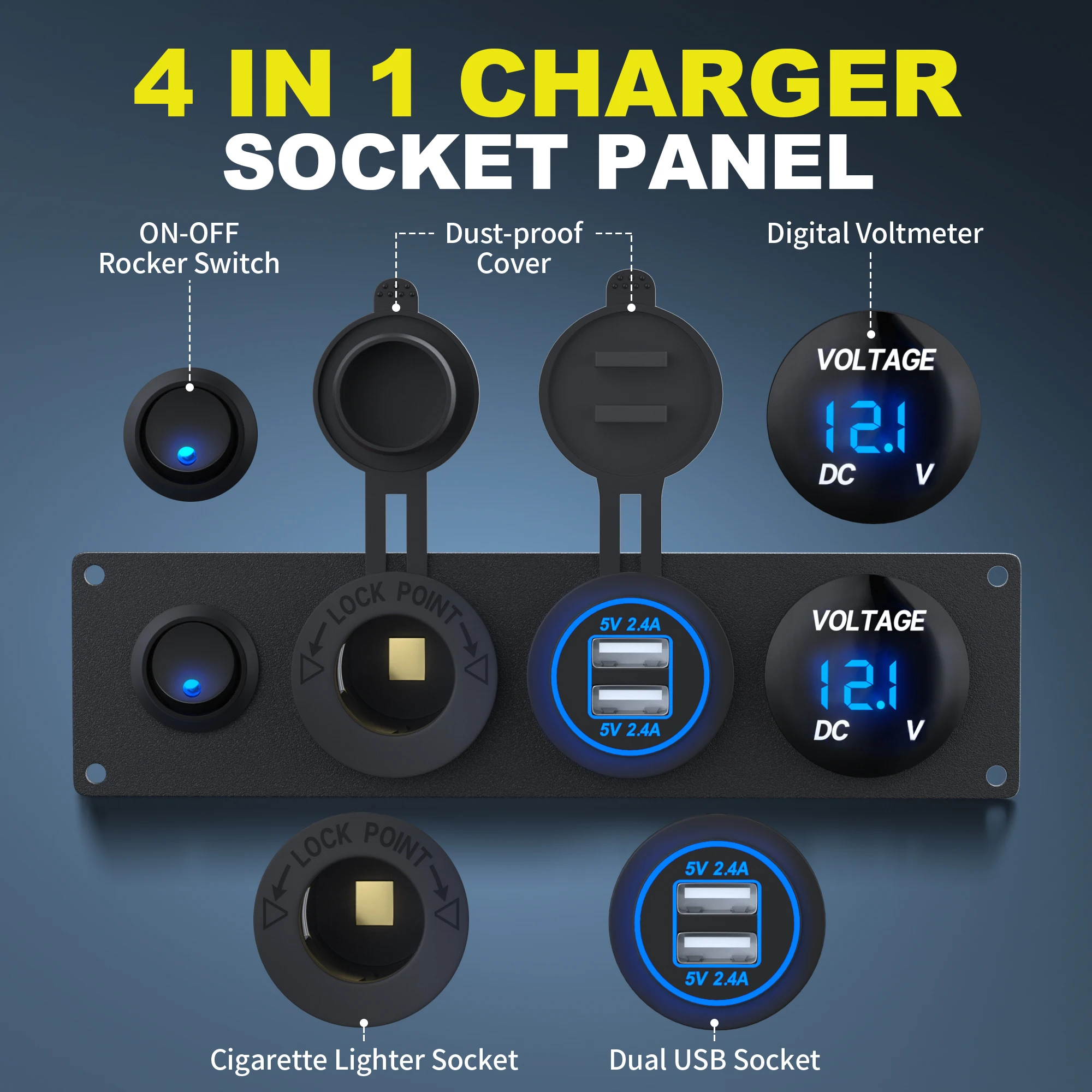 DaierTek Panel de enchufe de cargador de encendido/apagado 4 en 1, toma de corriente USB Dual, voltímetro LED, enchufe de encendedor de cigarrillos y interruptor LED