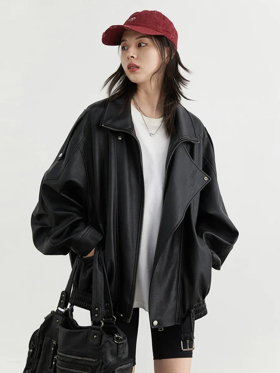 Chaqueta de PU para Mujer CHIC VEN, Estilo Retro, Cuello Alto, Suelta, Nueva, Chaqueta de Cuero Sintético para Motocicleta, Primavera-Otoño 2026