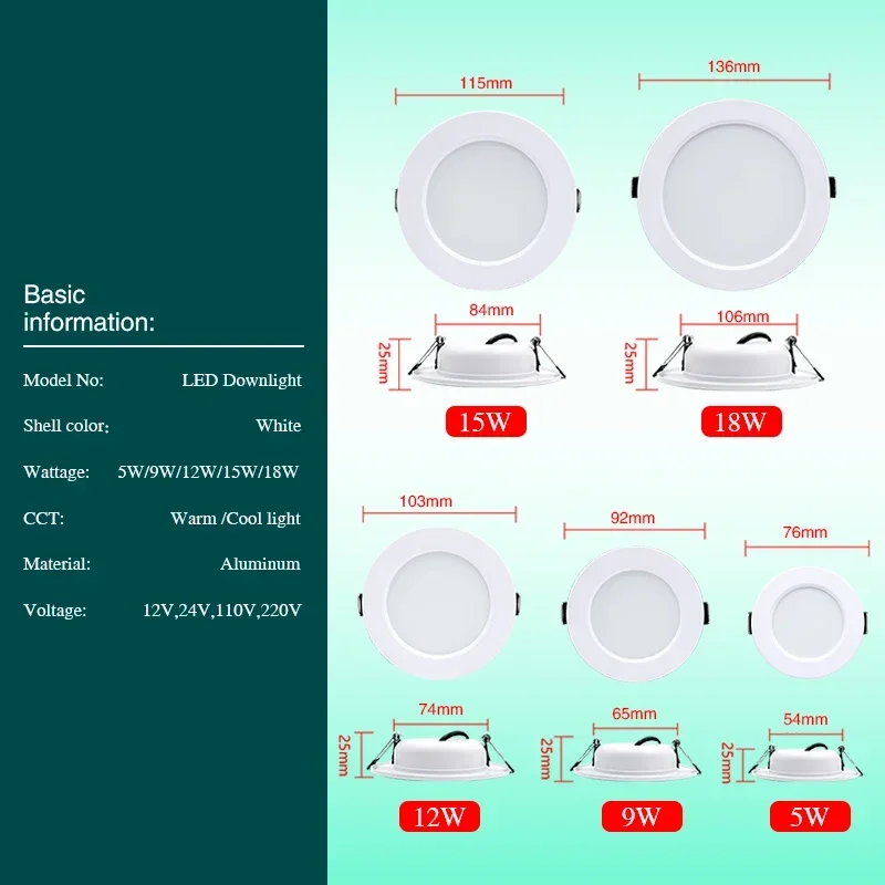 Lote de 10 Focos LED Empotrables, Cuerpo Blanco, 5W 9W 12W 15W 18W, Luz de Techo LED Redonda, DC 12V 24V AC 110V 220V, Iluminación LED Interior para Dormitorio