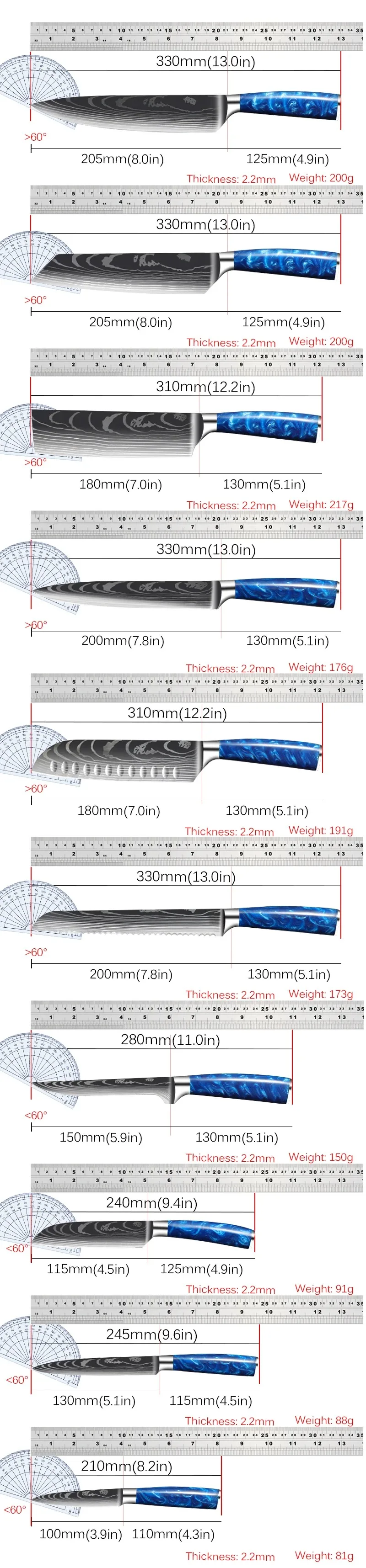 Cuchillo de Chef profesional con diseño de Damasco, cuchillo de carnicero de acero inoxidable 7CR17, cuchillos de cocina, cuchillo para cortar frutas para el hogar, 1-10 Uds.