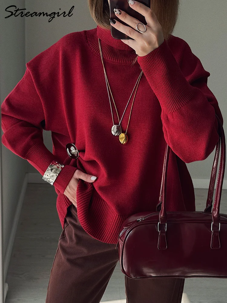 Suéter marrón de cuello alto para mujer, jerséis de otoño de gran tamaño, suéteres amarillos mantequilla, suéter holgado de punto con cuello de tortuga grueso para mujer