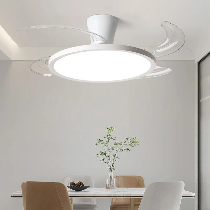 Ventilador de techo moderno invisible con luz LED, motor DC, gran volumen de aire, control remoto para dormitorio y comedor