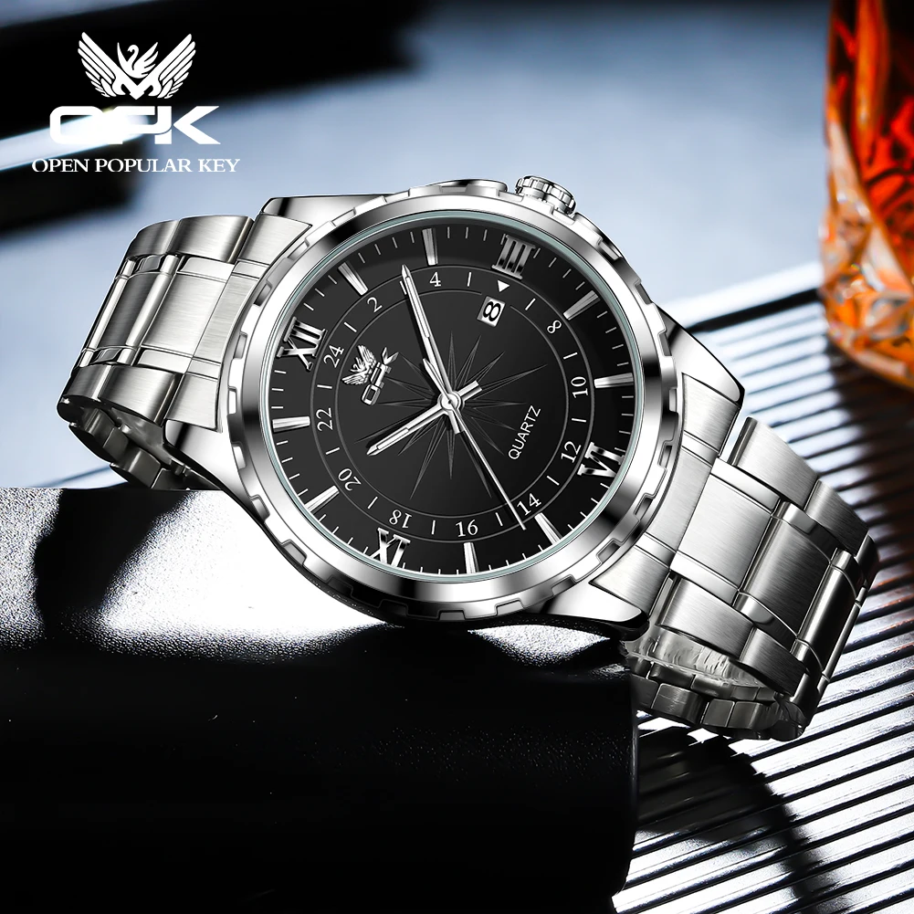 Reloj de cuarzo para hombre con doble calendario y correa de acero marca OPK 6003