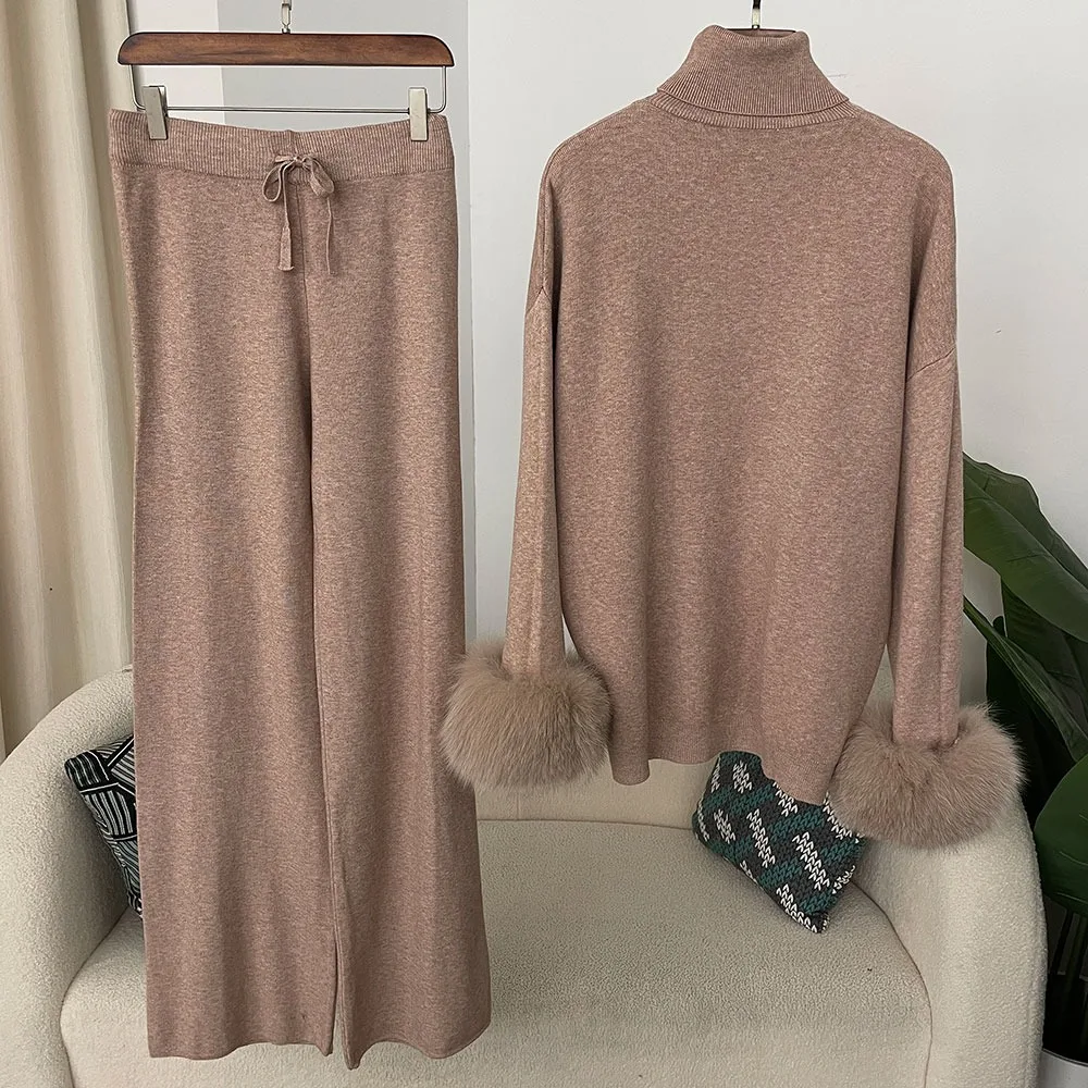 2024 nueva moda Otoño Invierno Natural piel de zorro Real puños abrigo tejido suéter mujeres pantalones largos conjunto chaqueta gruesa cálida