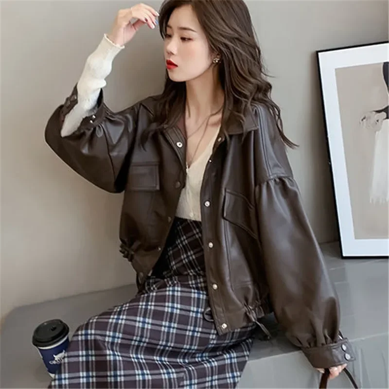 Nuevo Chaqueta de piel sintética para mujer, abrigo de PU de gran tamaño, ropa de calle informal holgada, cárdigan para mujer
