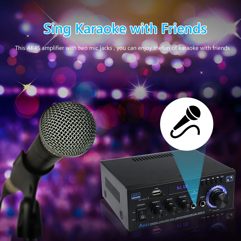 Amplificador Digital HiFi AK45 con Bluetooth, amplificador de sonido envolvente 2,0, Canal MP3, compatible con 90V-240V, máx. 350W x 2, para casa y coche
