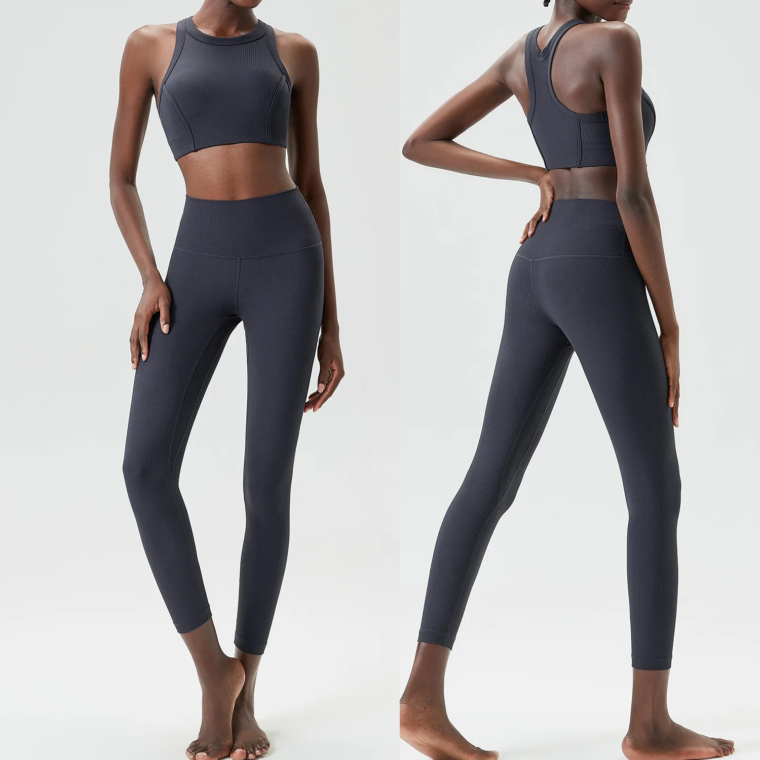 Traje de gimnasio de alto impacto para mujer, conjunto de dos piezas de tela acanalada para Fitness y Yoga, ropa deportiva elástica ajustada para correr, ropa de entrenamiento