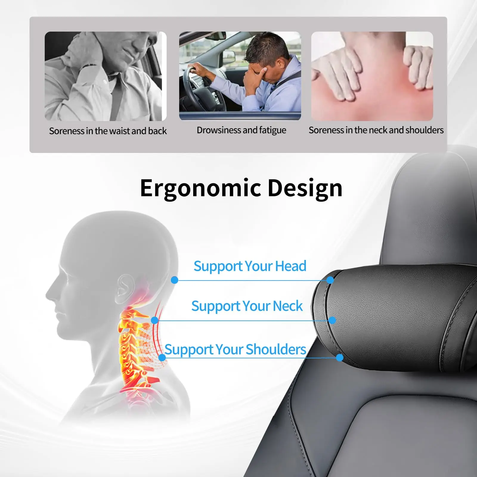 Almohada de viaje para reposacabezas de asiento YZ, almohada para el cuello para Tesla Model 3/Y/X/S, almohada de cuero PU para el cuello, almohadas de espuma viscoelástica, accesorios para coche 2025
