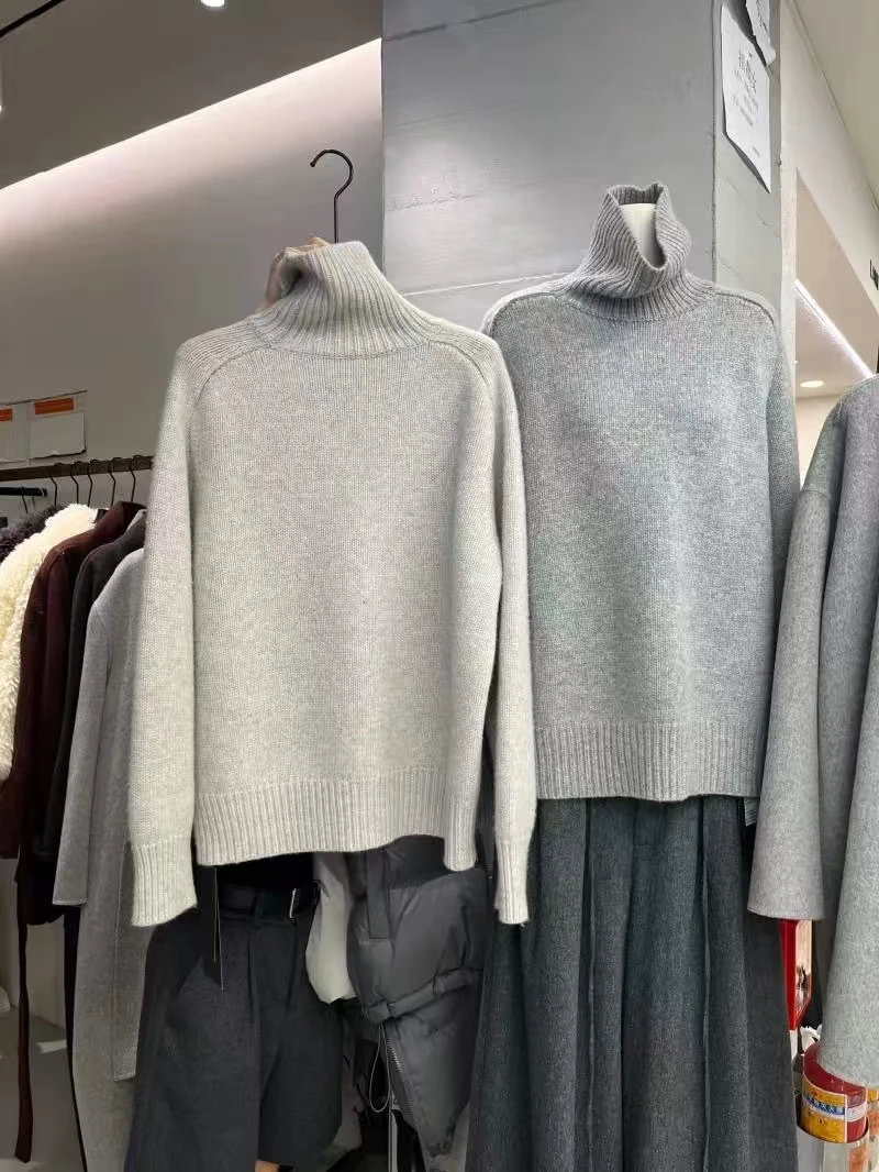 Suéter de lana de cuello alto para mujer, jersey de Cachemira holgado informal de manga larga, Top básico de moda de punto, jersey de calidad cálida de gran tamaño