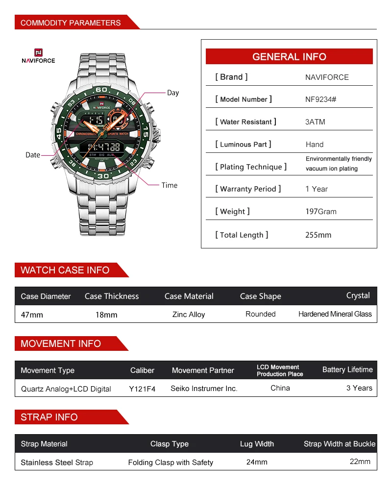 NAVIFORCE marca de moda reloj de oro negro para hombre relojes de pulsera de cuarzo de lujo a la moda correa deportiva de acero inoxidable resistente al agua NF9234