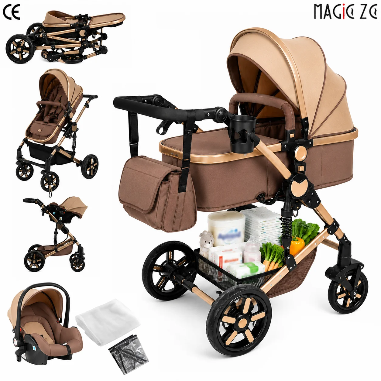 Sistema de viaje para bebé 3 en 1, cochecito y silla de paseo con asiento para automóvil, estructura ligera, plegable y compacto, posición alta, ruedas amortiguadoras, asiento reversible, respaldo de múltiples posiciones, capota extensible, protección UV, cesta de almacenamiento espaciosa.