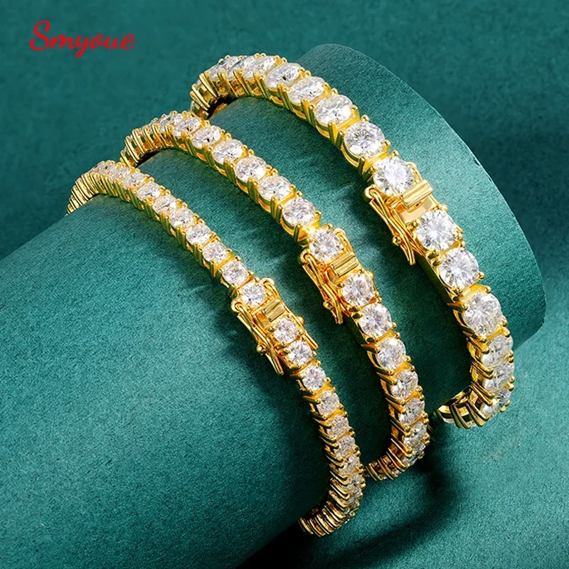 Smyoue Pulsera de tenis de moissanita chapada en oro de 18 quilates para mujer, pulsera clásica de Plata de Ley 925 certificada de 3/4/5mm para cadena de hombre