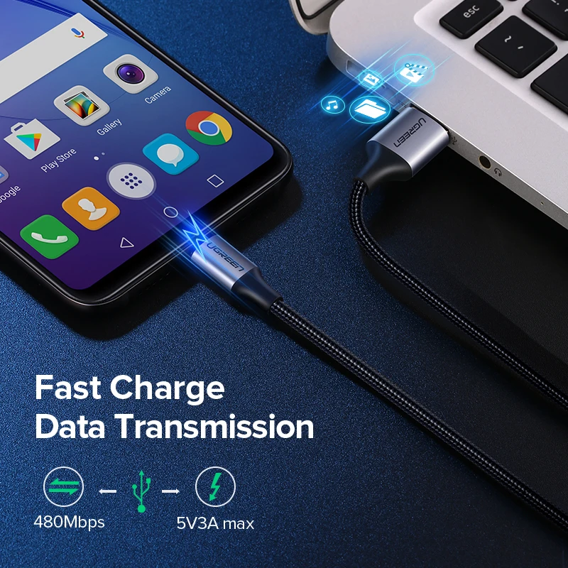Cable UGREEN USB-A a Micro USB 2A, cable de carga rápida y transferencia de datos, cable trenzado para teléfono móvil Android, 25cm, 50cm, 1m, 2m, corto y largo.