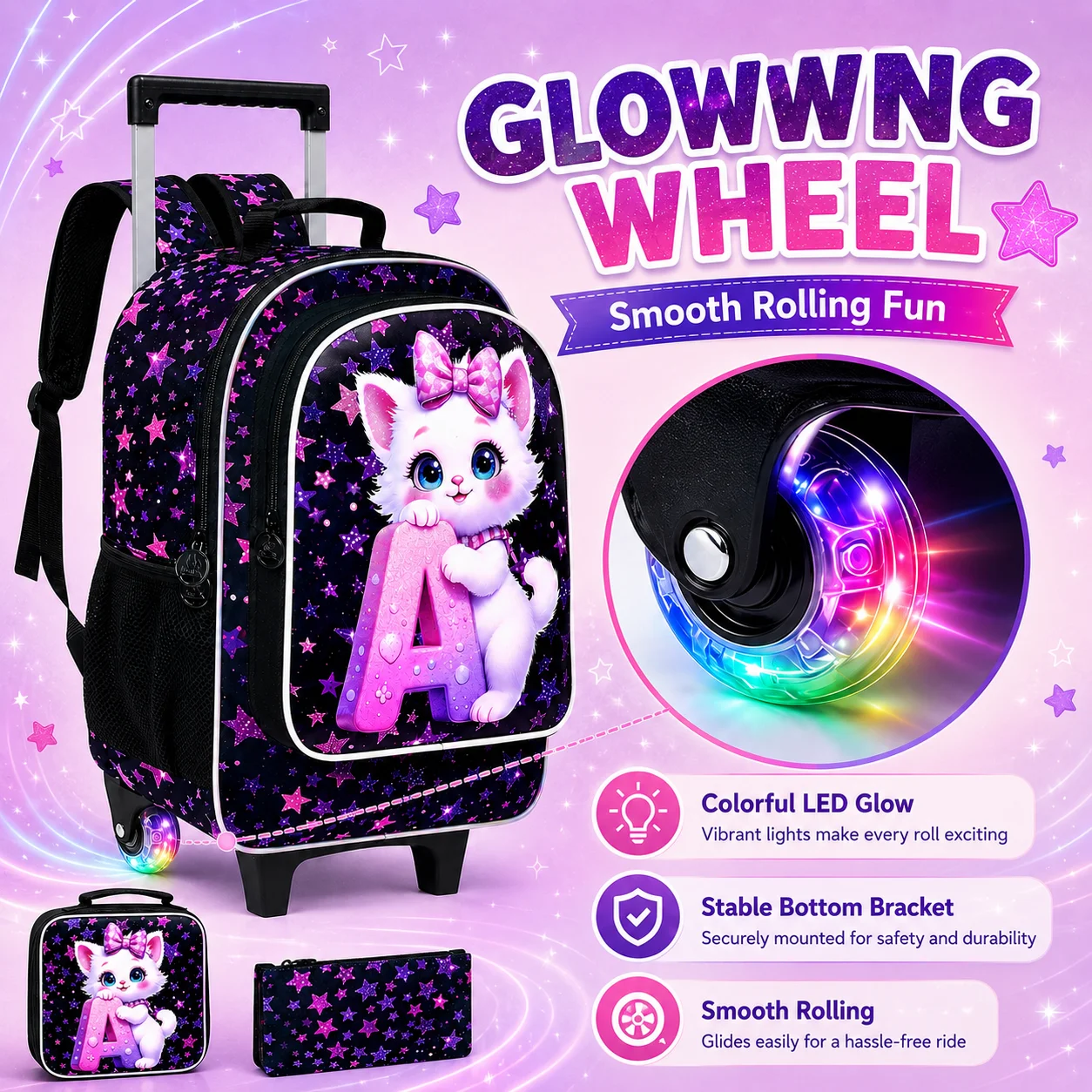 Juego de 3 mochilas con ruedas para niñas, mochila escolar con ruedas con diseño de gato y letra A, con bolso de mano y estuche para lápices