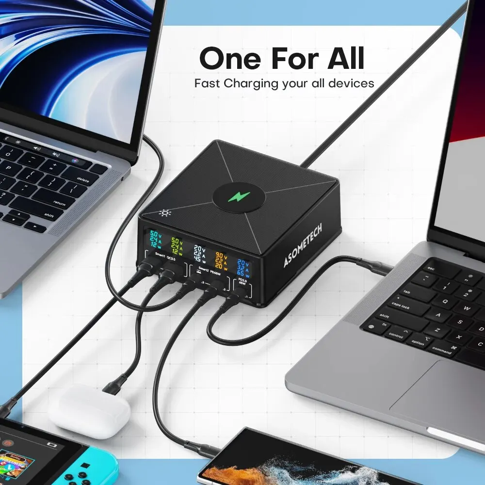 ASOMETECH 160W Estación de carga USB carga inalámbrica 100W 65W PD PPS GaN cargador rápido para ordenador portátil tableta iPhone Samsung