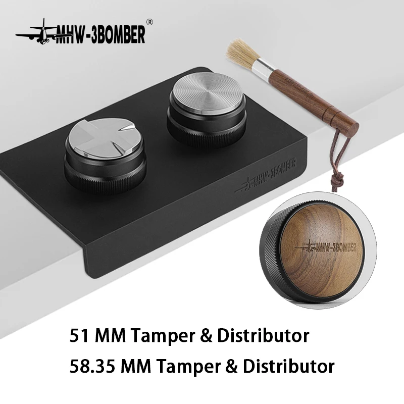 MHW-3BOMBER Distribuidor de café y manipulación de café expreso de 51/53/58 mm con alfombrilla de apisonamiento y juego de cepillos de limpieza Herramientas niveladoras profesionales