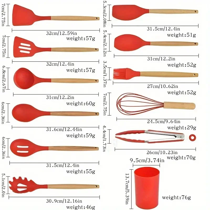 Juego de utensilios de cocina con mango de madera de silicona multicolor, juego de 12 piezas, olla antiadherente, espátula y cuchara, resistentes al calor