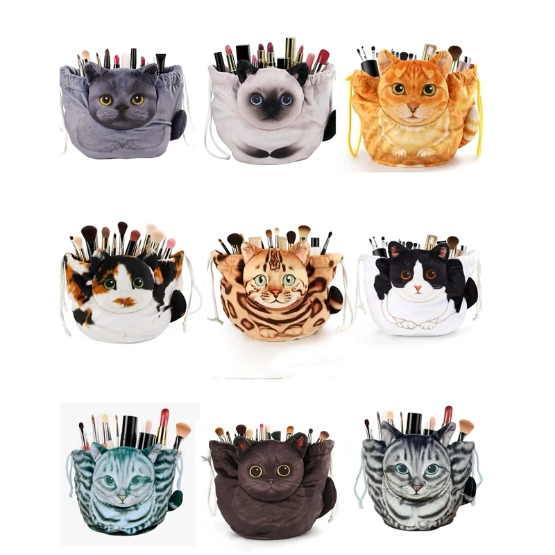 Bolsa de maquillaje de gato realista 3D, bolsa de viaje de gran capacidad, organizador de artículos de tocador con cordón para mujeres y adolescentes, regalo para Navidad