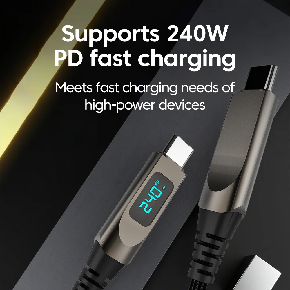 Elough 240W Pantalla Digital USB C a USB C Cable Aleación de Zinc 5A Tipo C a Tipo C Cable de Carga Rápida para iPhone 15 16