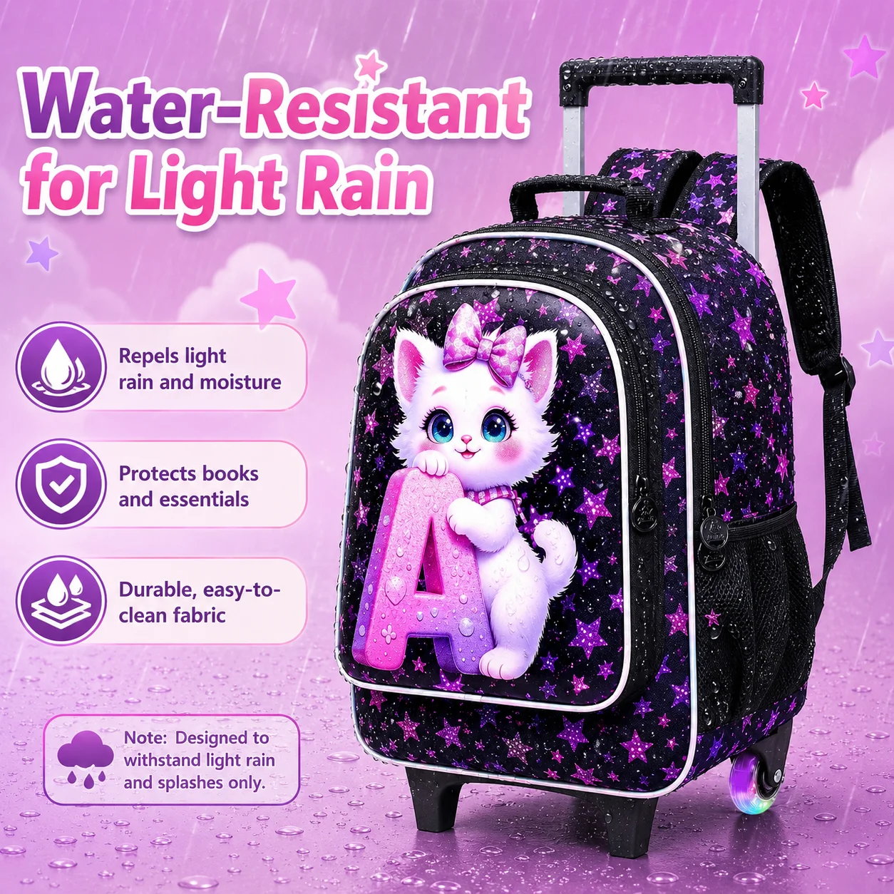 Juego de 3 mochilas con ruedas para niñas, mochila escolar con ruedas con diseño de gato y letra A, con bolso de mano y estuche para lápices