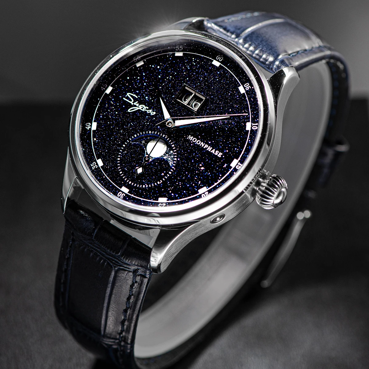 Reloj Sugess Moonphase para hombre, relojes de pulsera mecánicos automáticos de 40mm, movimiento de origen ST2528, esferas de arenisca azul de acero inoxidable