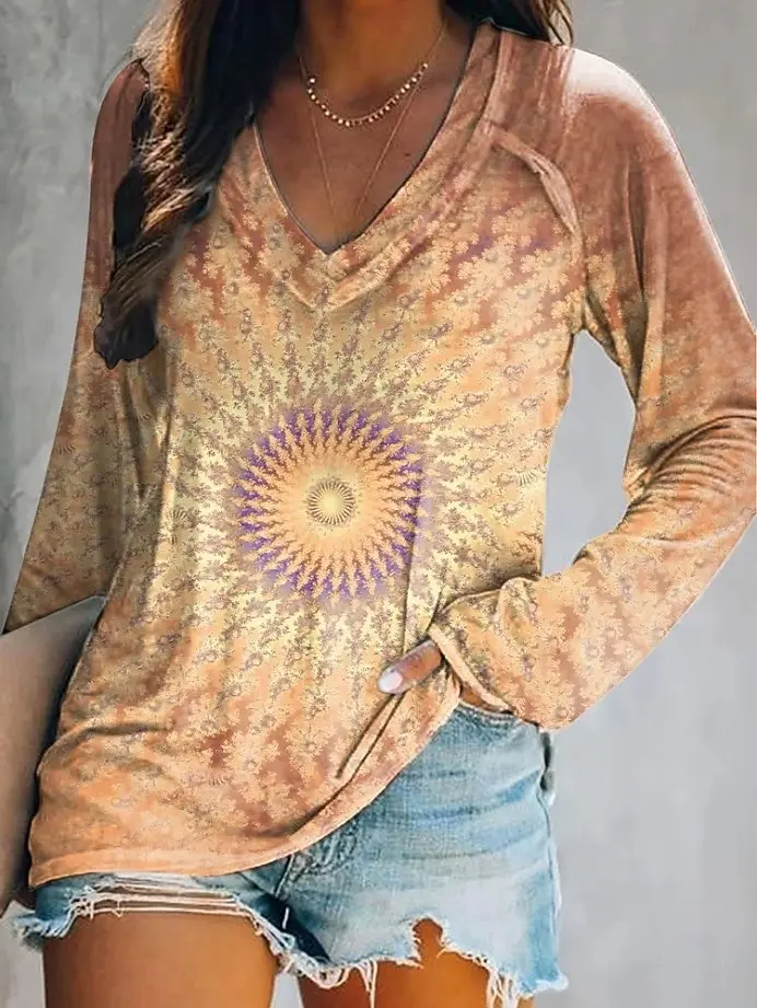 Camiseta elegante de manga larga con estampado vintage y cuello en V para mujer, poliéster suave, ideal para otoño e invierno, ropa informal, Top con estampado floral
