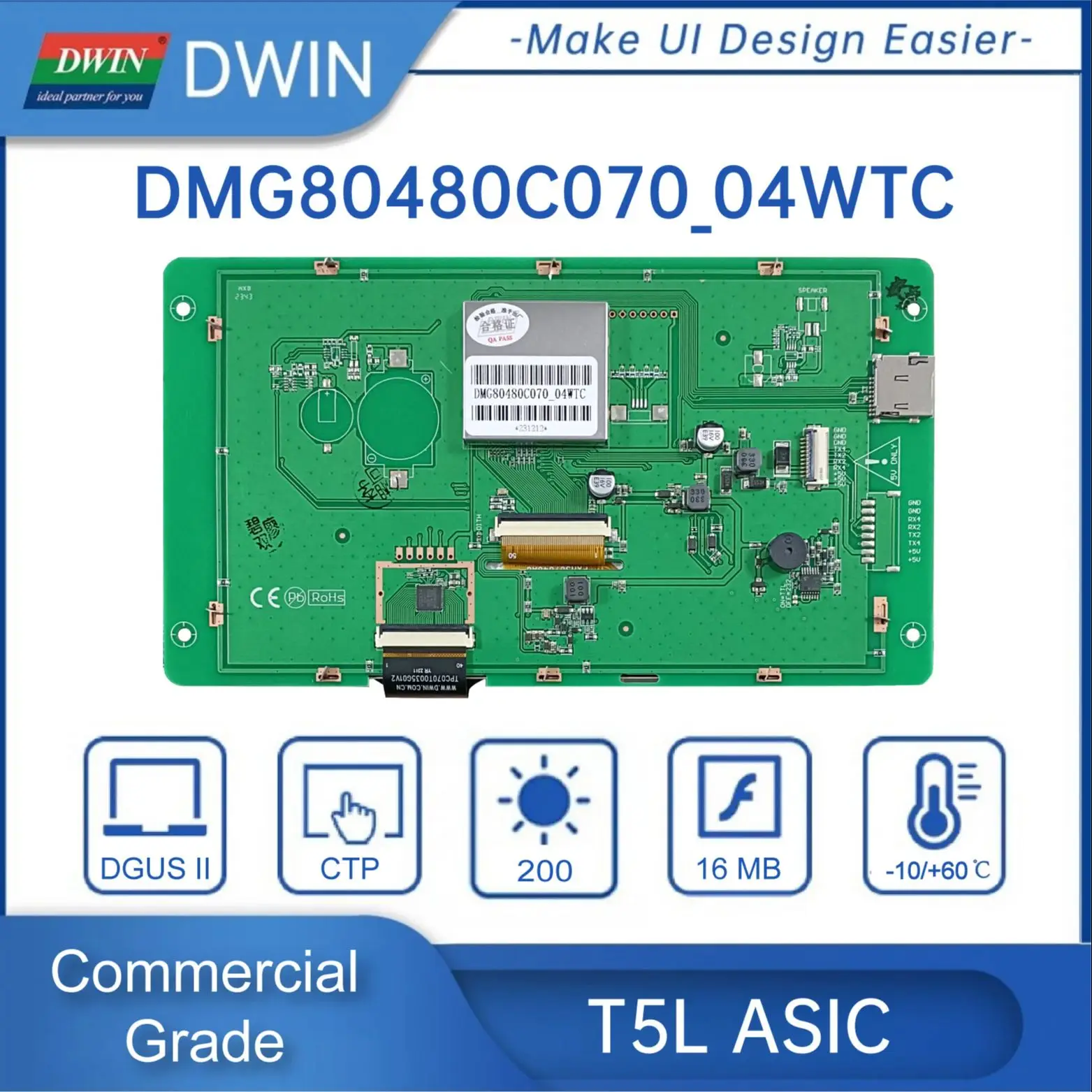 DWIN 7 pulgadas módulo LCD 800*480 RS232/TTL HMI pantalla de Panel táctil comercial pantalla inteligente UART TFT DMG80480C070-04W