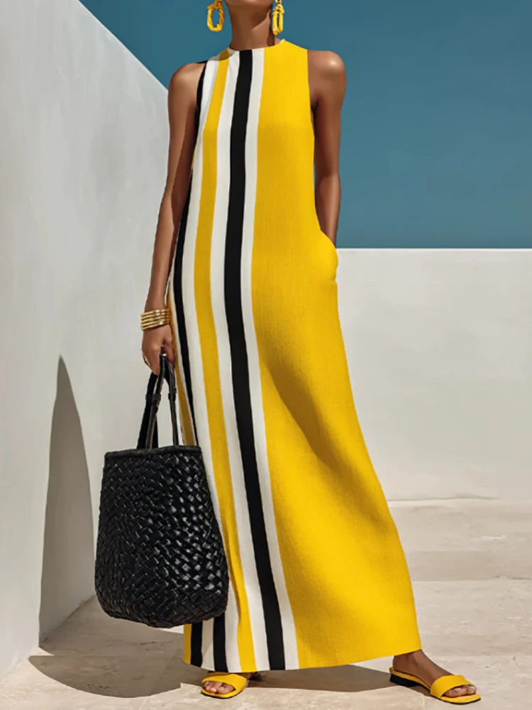 Vestido Maxi a Rayas con Cuello Redondo para Mujer, Vestido de Fiesta sin Mangas, Elegante y Sencillo, Vestidos de Verano para Mujer