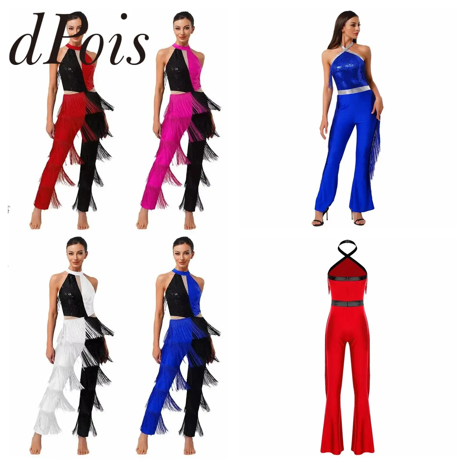 Disfraz Hippie de los años 70 para discoteca para mujer, pantalones con flecos y borlas de lentejuelas brillantes, mono Retro de una pieza para fiesta, ropa para discoteca y graduación, Ropa de baile latino