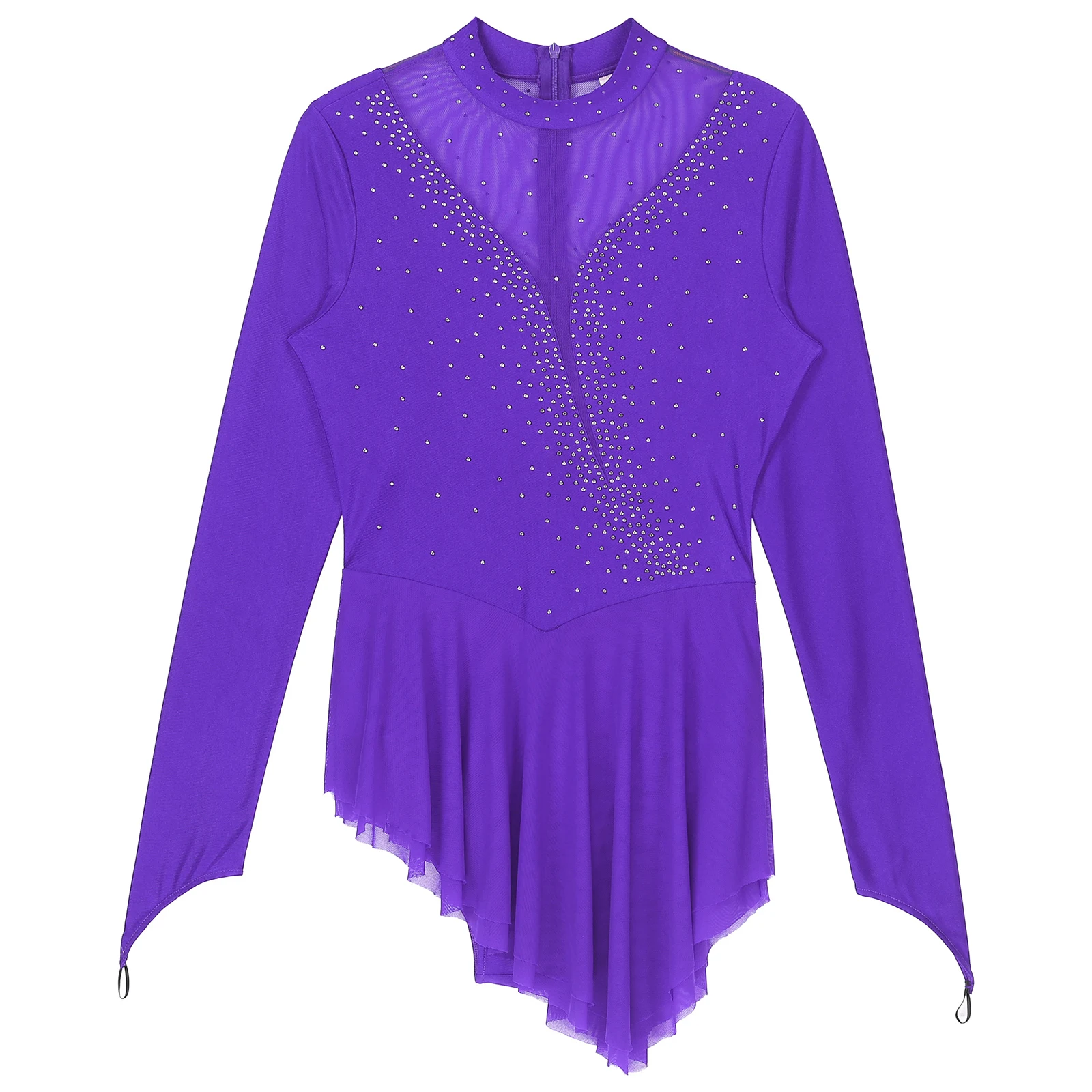 Vestido de leotardo de gimnasia para patinaje sobre hielo para mujer, traje de Ballet de danza lírica, Ropa de baile de malla transparente con diamantes de imitación brillantes de manga larga