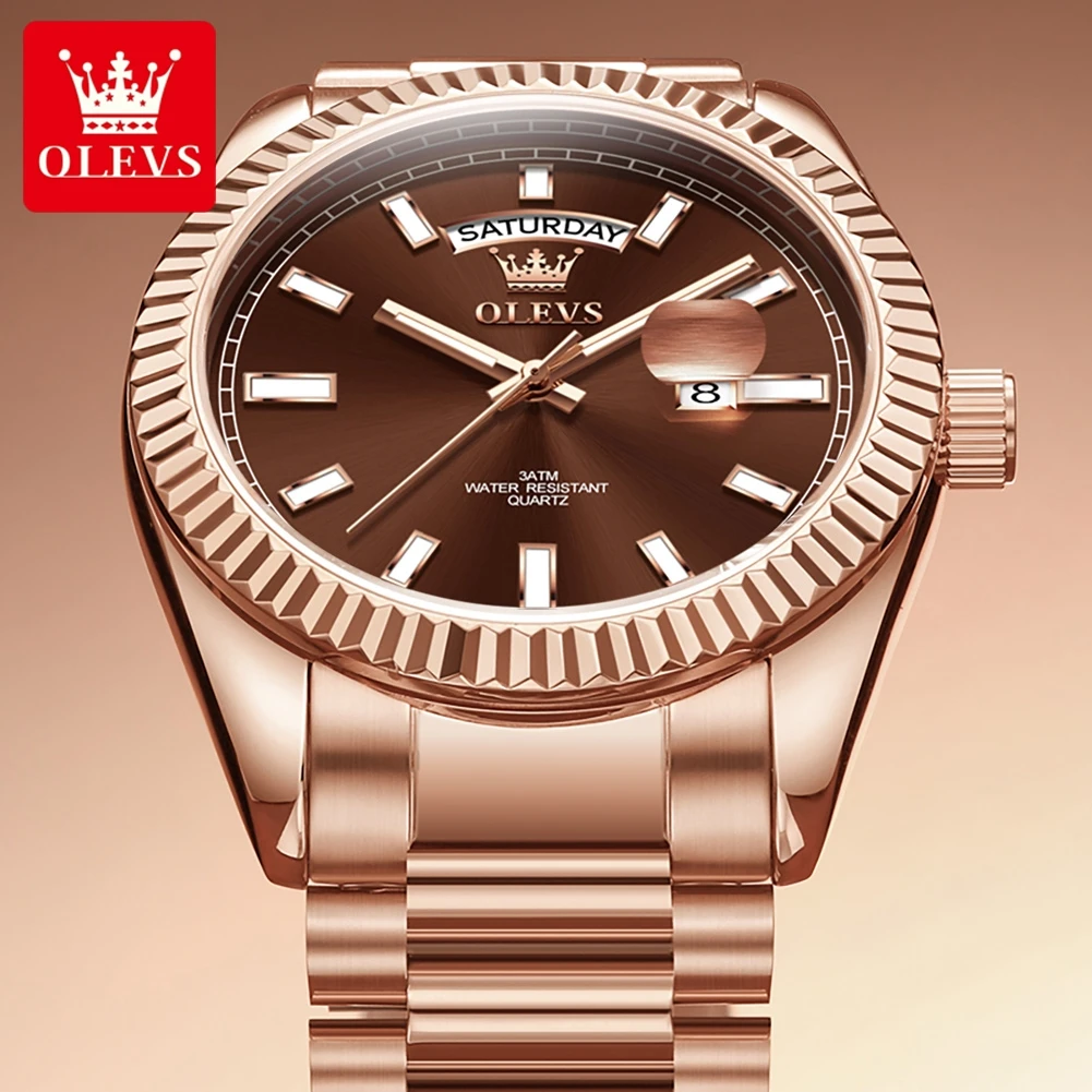 Reloj OLEVS para hombre, reloj de pulsera de lujo de marca superior para hombre, reloj resistente al agua de acero inoxidable de oro rosa a la moda, reloj de cuarzo con fecha y día