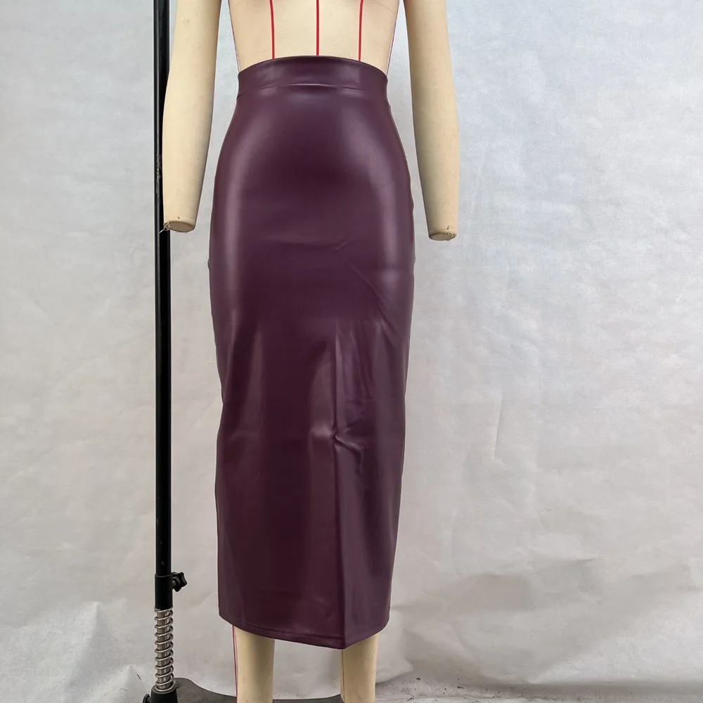ZAROY Falda Midi de cuero Burdeos para mujer, elegante falda de tubo ajustada de cintura alta con abertura, falda Sexy Vintage de fiesta de PU, Jupe юбка д