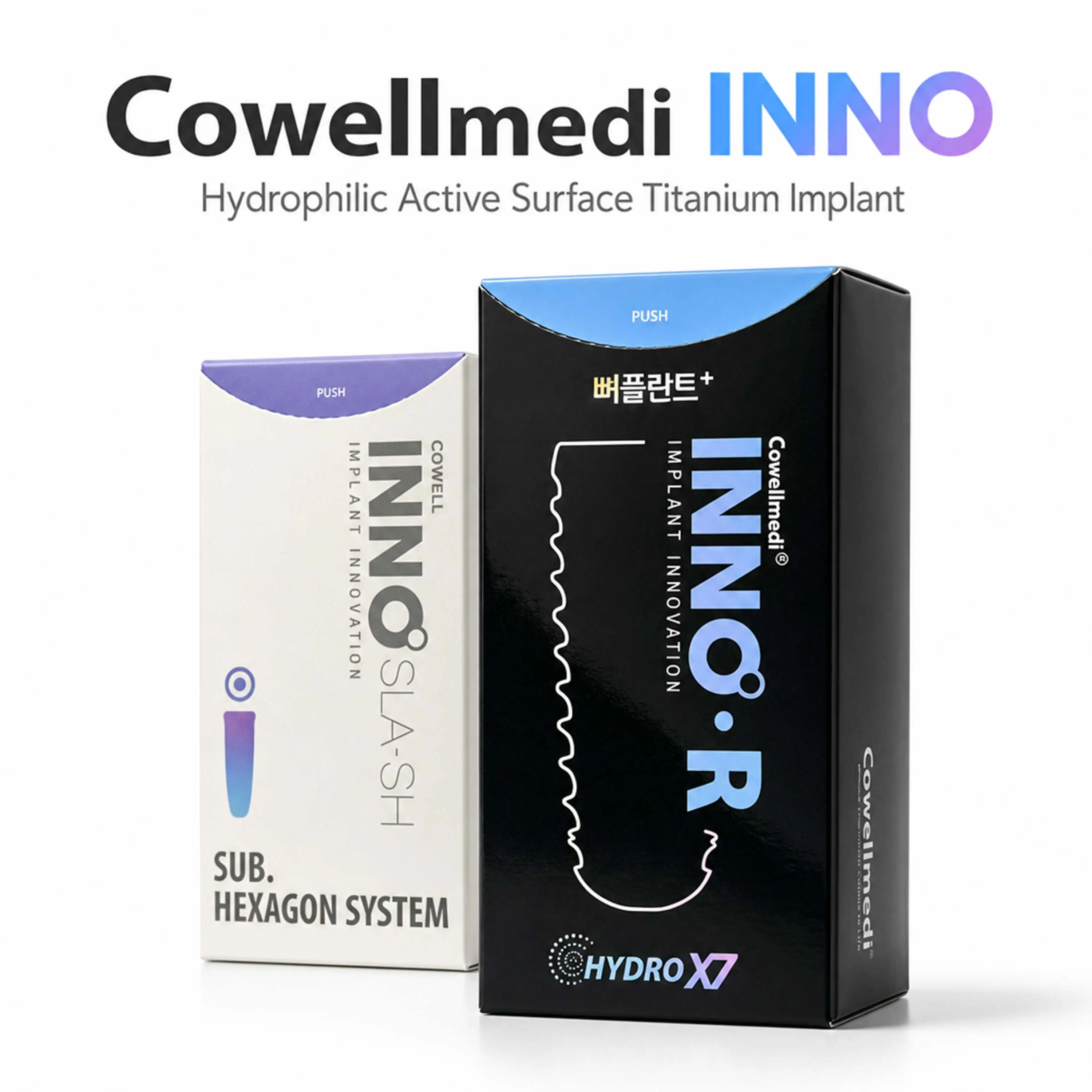 Implante dental sumergido Cowellmedi INNO SLA‑SH, con superficie activa hidrofílica, fijación de titanio y conexión Morse con hexágono interno.