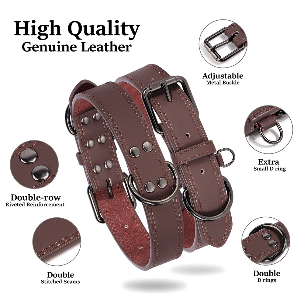 Collar de perro de cuero auténtico suave y duradero, collares de cuero genuino para mascotas para perros pequeños, medianos y grandes, pastor alemán, marrón y negro