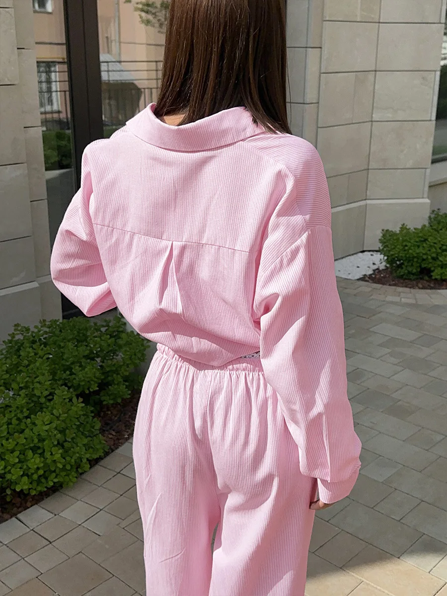 Conjunto de Pantalones Bornladies Primavera 2026, Camisa Holgada con Cuello y Patrón Vertical para Mujer, Conjunto de Pantalones Holgados con Encaje