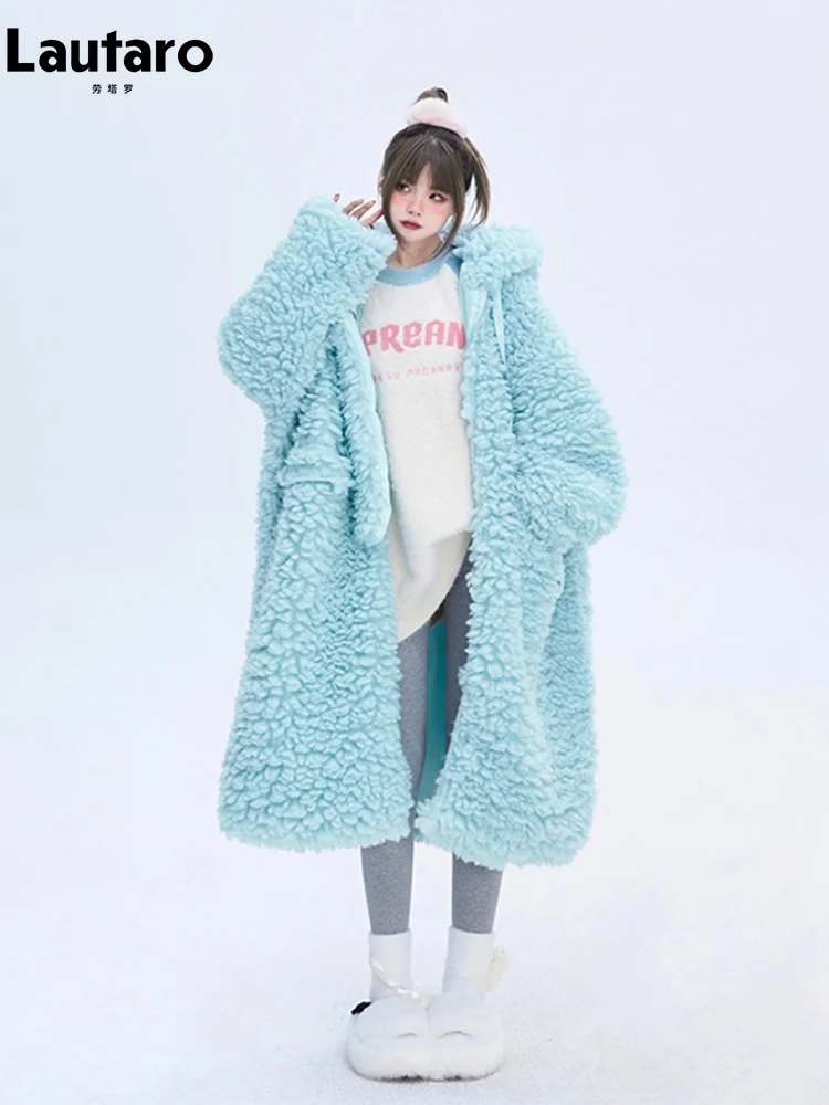 Lautaro invierno largo de gran tamaño Casual grueso cálido azul grueso cálido peludo abrigo de piel sintética mujeres con capucha cremallera moda 2023