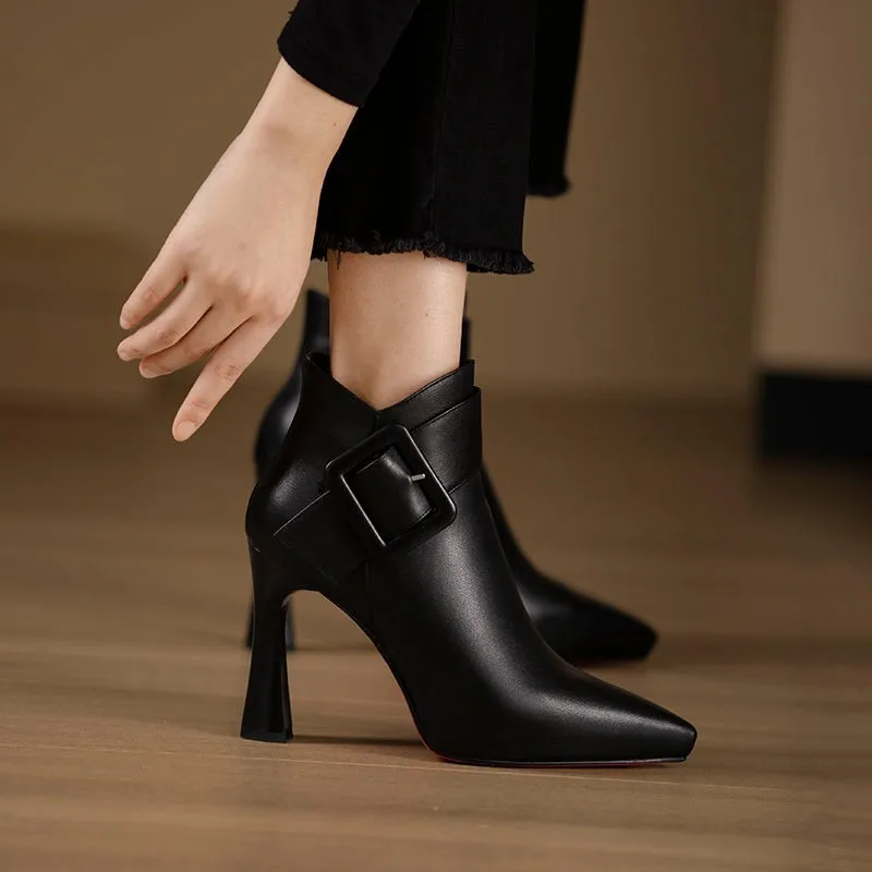 Botas de Tacón Alto para Mujer 2024, Negras, de Punta Afilada, Antideslizantes, de Cuero, con Hebilla, Zapatos Sexys de Tacón Bajo, Casuales y a la Moda