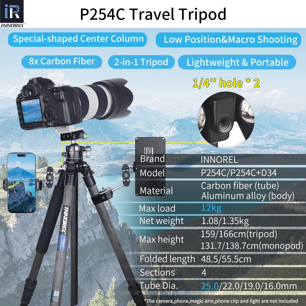 Trípode de fibra de carbono-INNOREL P254C trípode y monopié de viaje ligero compacto portátil para soporte de cámara Digital DSLR carga 12kg