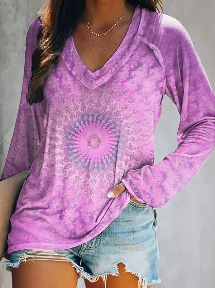 Camiseta elegante de manga larga con estampado vintage y cuello en V para mujer, poliéster suave, ideal para otoño e invierno, ropa informal, Top con estampado floral